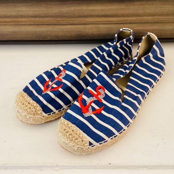 Anchor Blue Stripe Slip On Shoes Espadrilles Size 9 Women’s Nautical Summer - Picture 13 of 14
